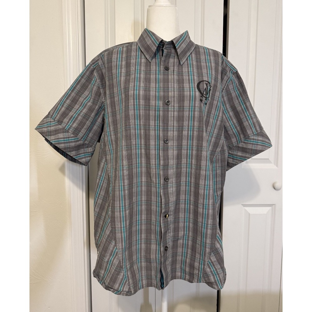 CAVI Men's  Gray /Turquoise Checks Cotton 3XL Short Sleeve Button Down Shirt